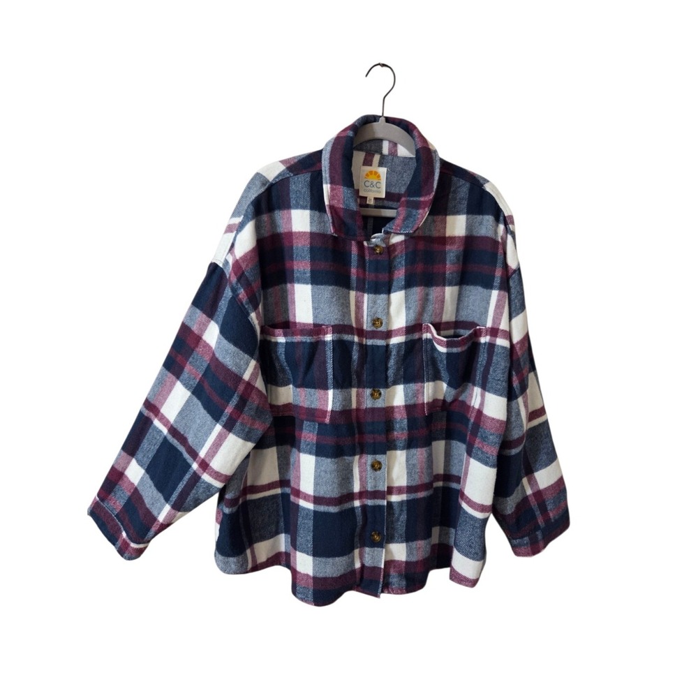 C&C California Teal Purple Plaid Bitton Down Flannel Shacket Cozy Boxy 3X